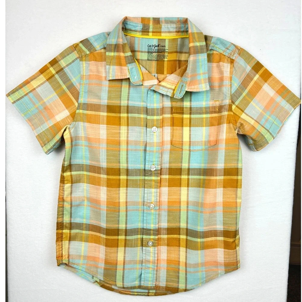 Cat & Jack Boys Plaid Button Down Shirt Short‎ Sleeve Orange Blue Size S 6/7